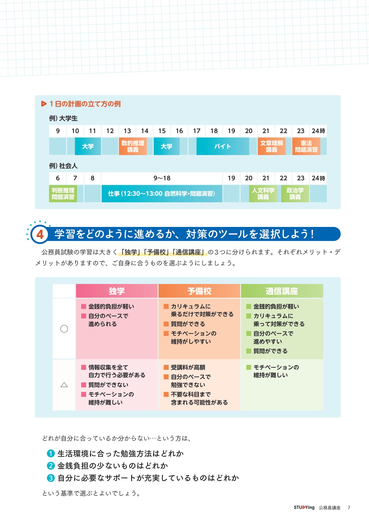 大学生と社会人の1日の学習計画例と、独学・予備校・通信講座の比較