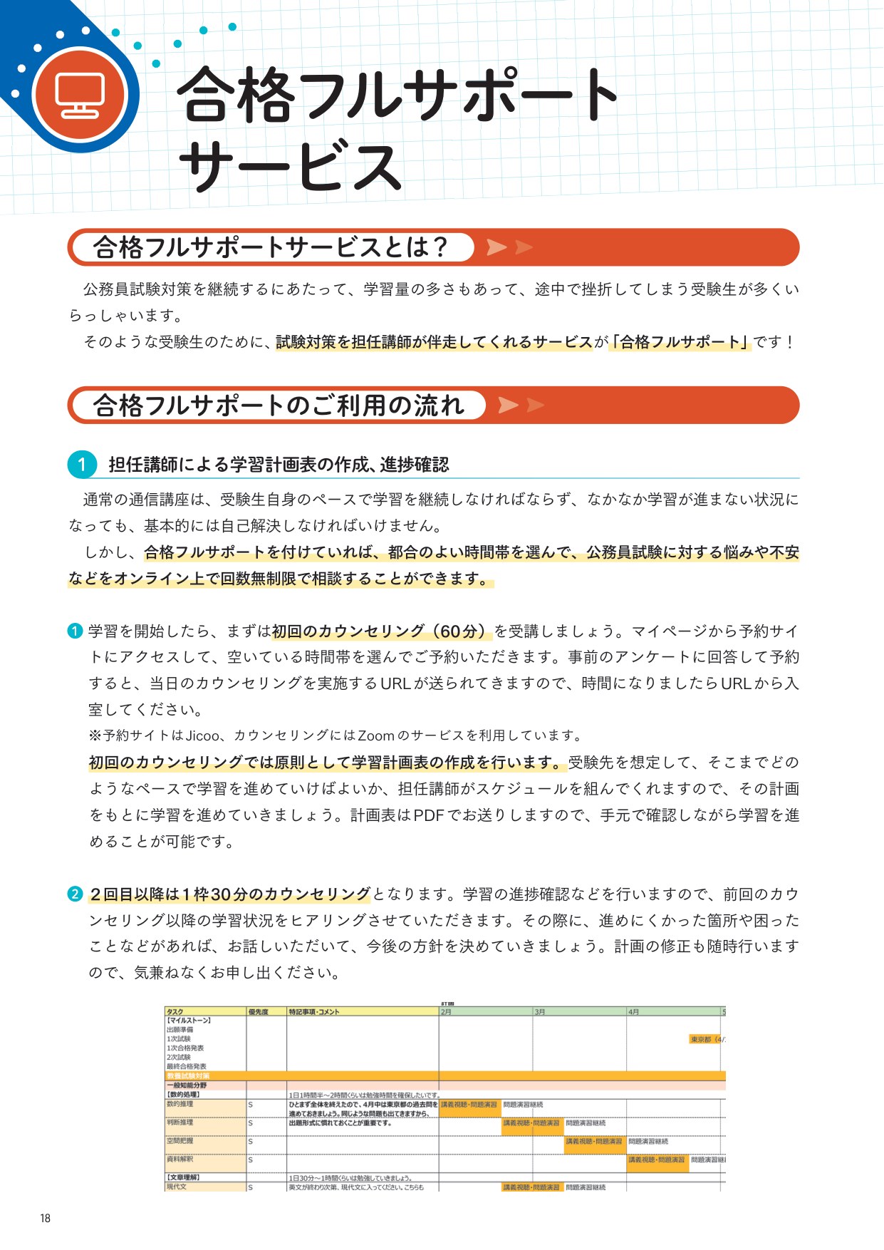 合格フルサポートサービスとは 担任講師による学習計画表の作成と進捗確認